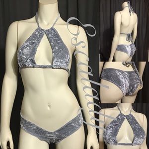 Silver crush velvet halter top /cheeky bottom